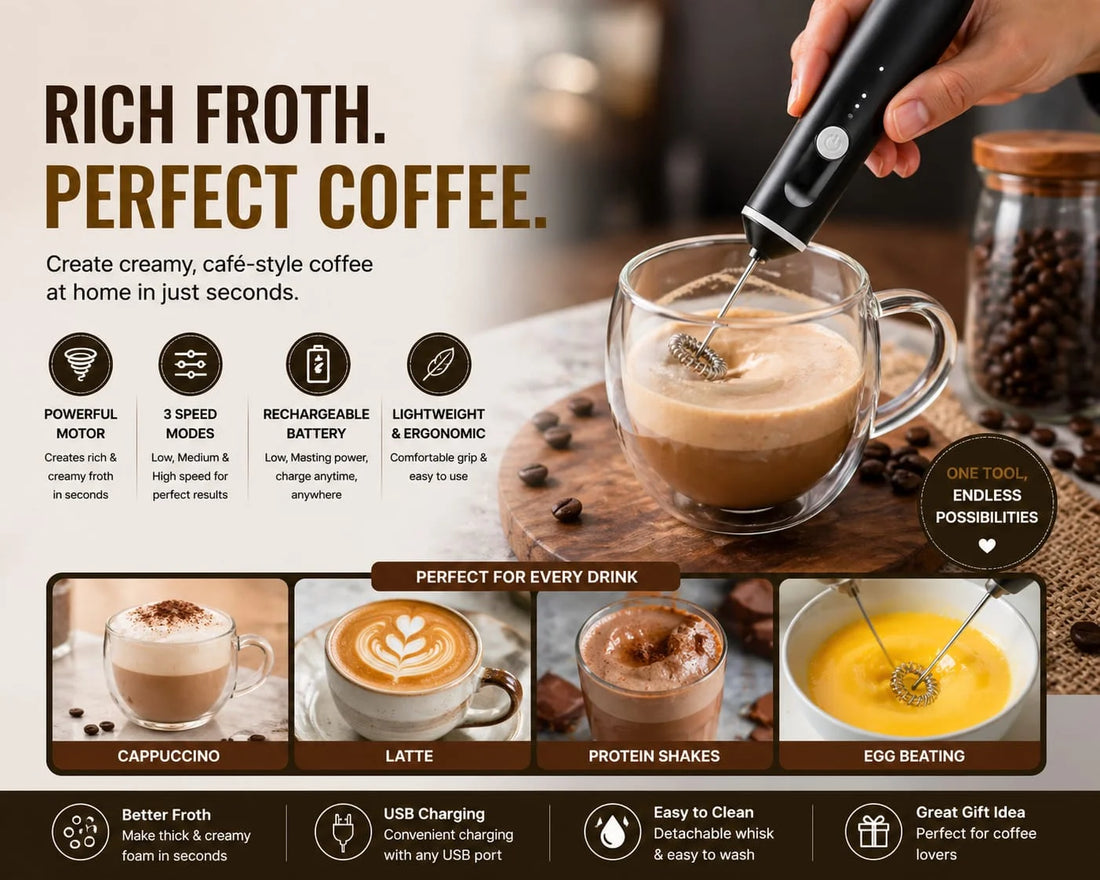USB Rechargeable Coffee Beater | Electric Milk Frother 3-Speed | Creamy Foam Maker for Coffee, Latte & Cappuccino